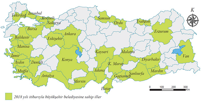 Büyükşehir belediyesi olan iller haritası