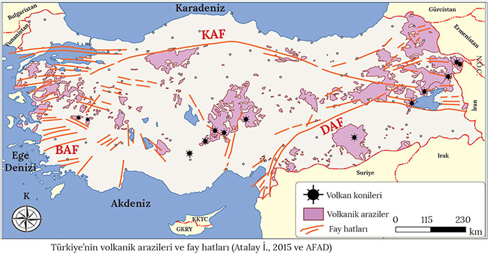 Türkiye'nin volkanik arazileri ve fay hatları haritası